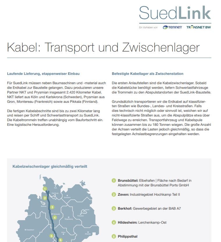 SuedLink Infoblatt Kabeltransport Thumbnail